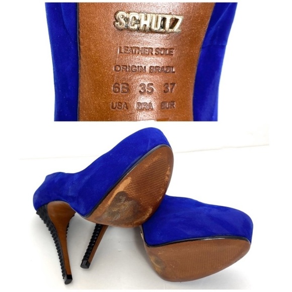 Schutz Suede Platform Pumps Heel Blue and Black - Picture 8 of 8